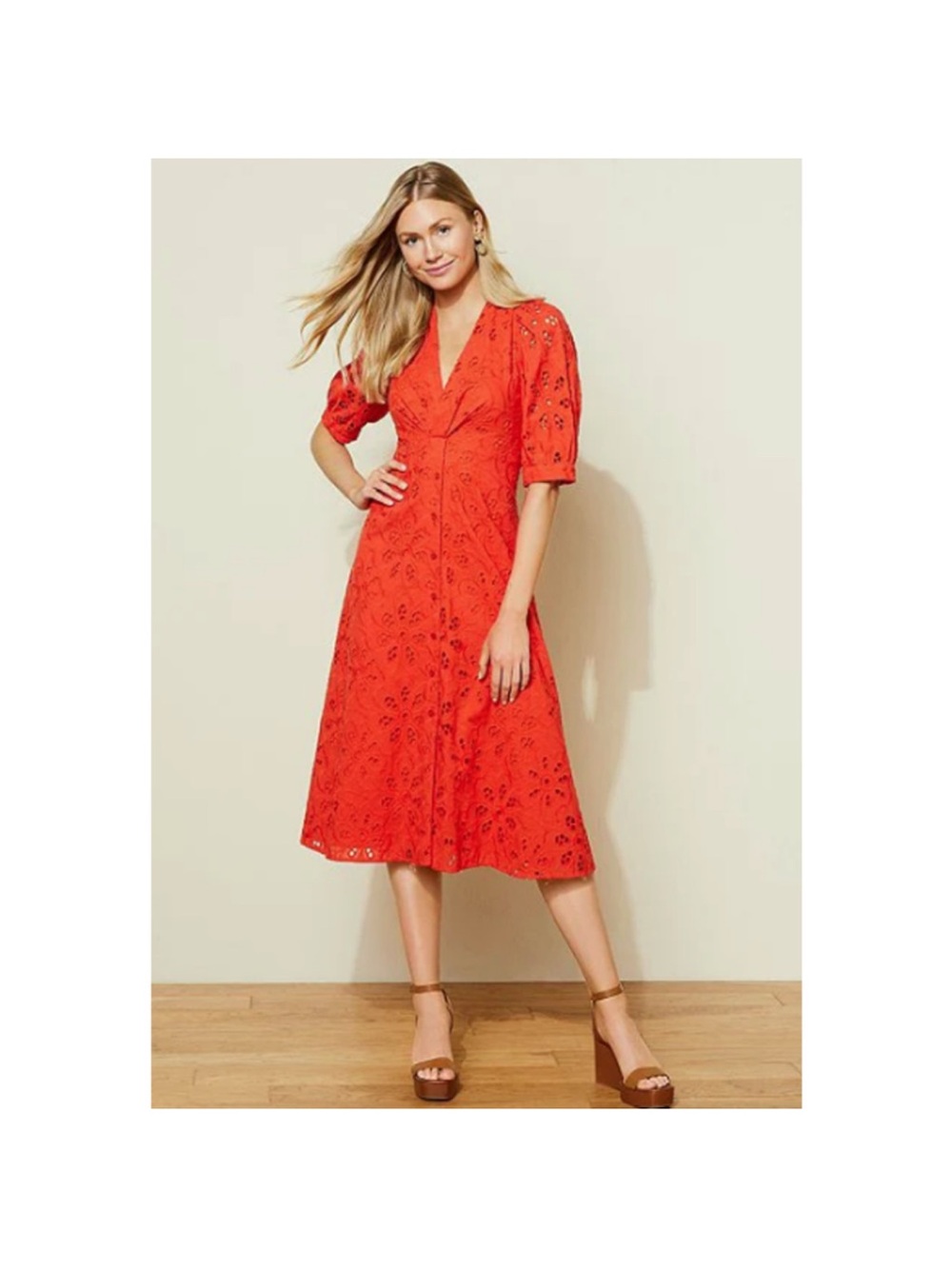 Maggy London Red Eyelet V-Neck Midi Dress Size 2